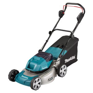 A Makita 18V DLM460Z lawn mower with a black and blue color scheme, featuring a rear wheel and a handle for operation.