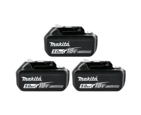Three black Makita 18V 5.0AH batteries arranged vertically in a row.