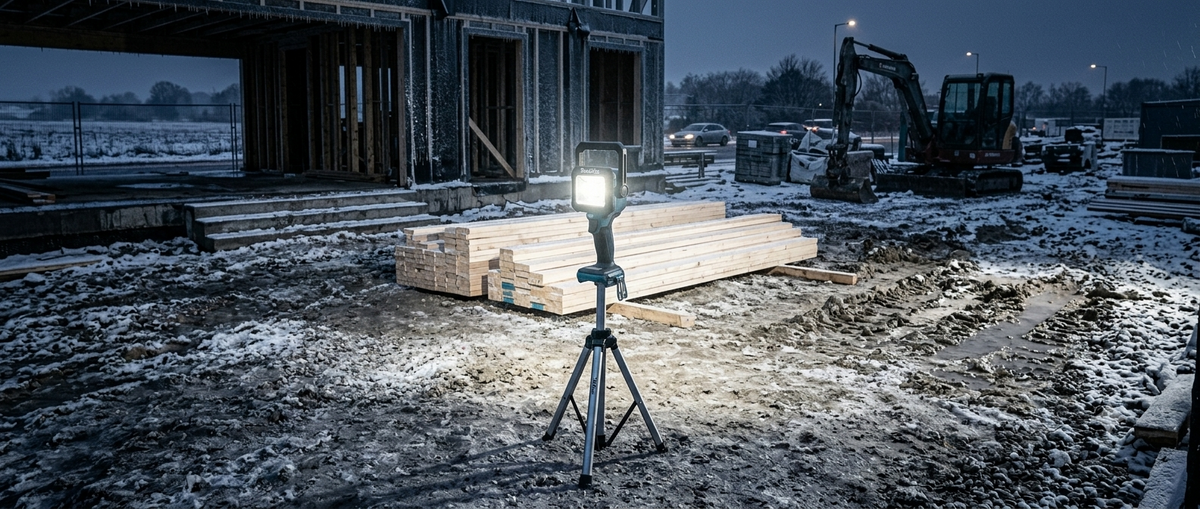 A cold winters day with a work light illuminating the jobsite