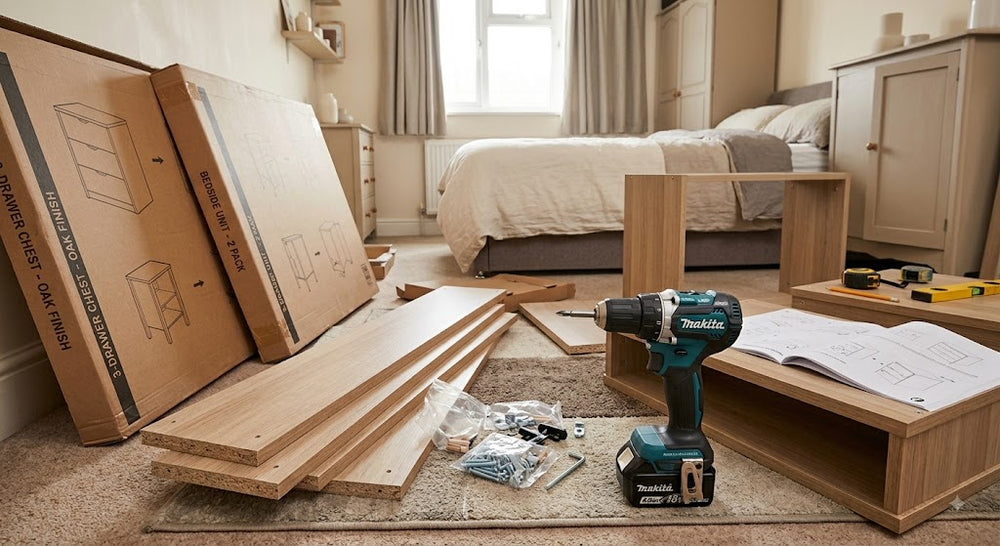 A DIY furniture assembly kit in a bedroom setting, featuring wooden boards, a teal Makita combi drill, hardware, and instruction manuals on a carpeted floor, with cardboard boxes and assembled wooden frames nearby.