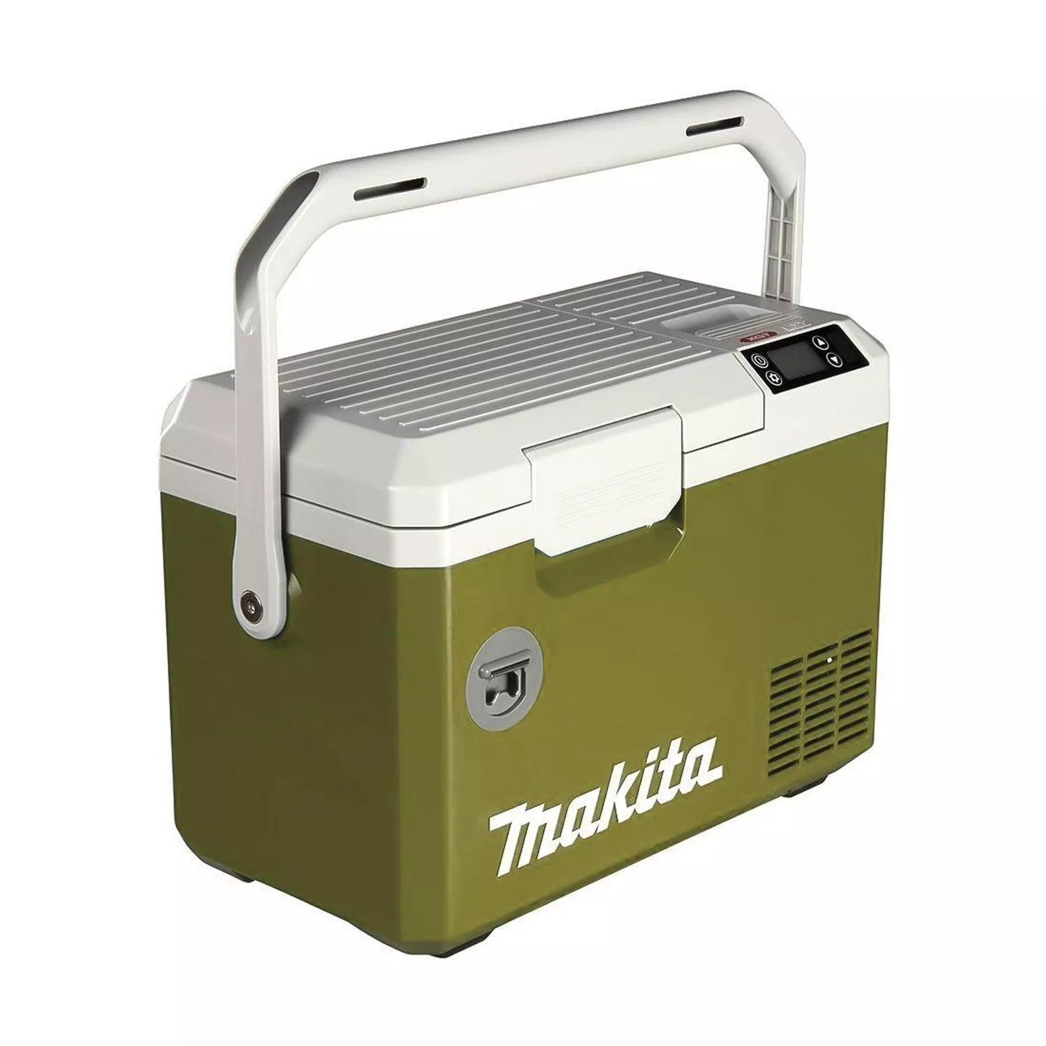 MAKITA DCW003Z 18V/40V cordless cooler and warmer box body in olive green with a white top and a digital display.