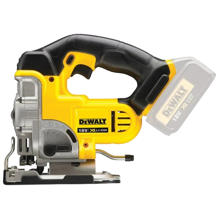 A DEWALT 18V DCS331N Jigsaw, primarily yellow in color with a black handle and silver accents, designed for cutting various materials.