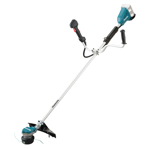 A Makita line trimmer body without a battery, showing the trimmer head, handle, and blue accents.
