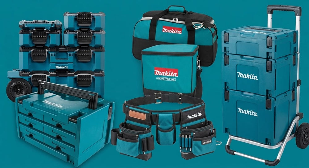 A collection of Makita-branded tool storage and carrying equipment on a solid teal background, including a tool box, stacked tool cases on a cart, a soft-sided duffel bag, a cooler bag, a waist tool belt, and a storage cart with stacked bins.
