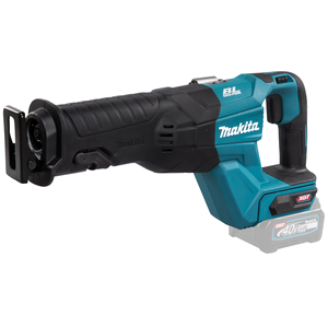 A Makita 40V JR001GZ reciprocating saw with a black and blue color scheme, showing the body without the battery attached.