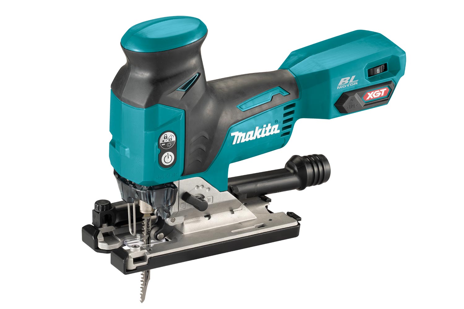 MAKITA 40V JV001GZ01 Jigsaw in blue and black color with a stackable battery, designed for cutting various materials.