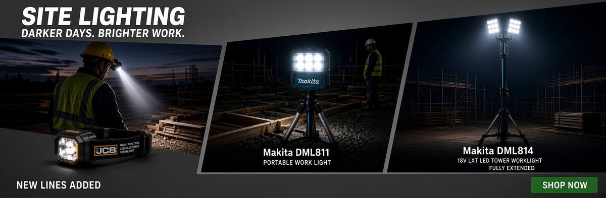 A site banner advertising makita and jcb lighting 