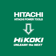 A green square graphic with white text reading HITACHI at the top, a white downward arrow in the center, and HIKOKI at the bottom with the slogan UNLEASH the NEXT.