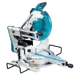 MAKITA LS1219L 240V MITRE SAW, a powerful tool with a blue and silver color scheme, equipped with a large blade and a mitre and bevel scale on the head.
