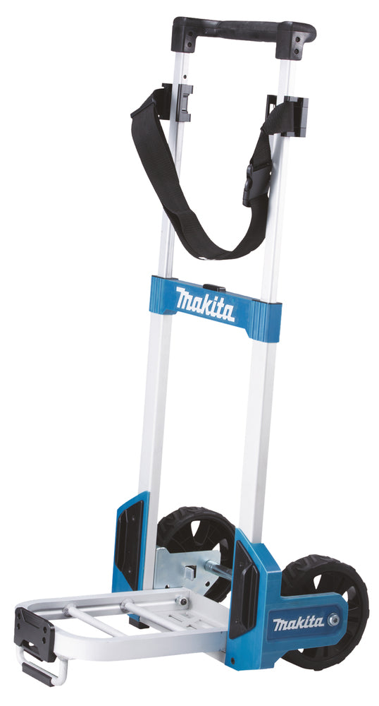 A clear and blue Makita tool trolley with a black handle and shoulder strap.