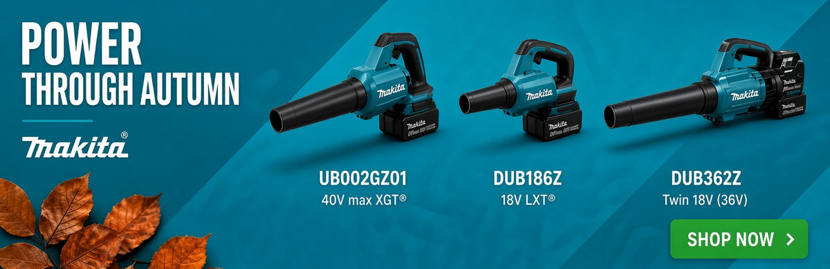 A promotional banner for Makita cordless leaf blowers, featuring three models (UB002GZ01, UDB186Z, and UDB362Z) on a blue gradient background with autumn leaves and the text 'POWER THROUGH AUTUMN'.