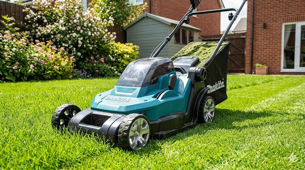 Makita lawn mower on a grassy lawn with a house in the background