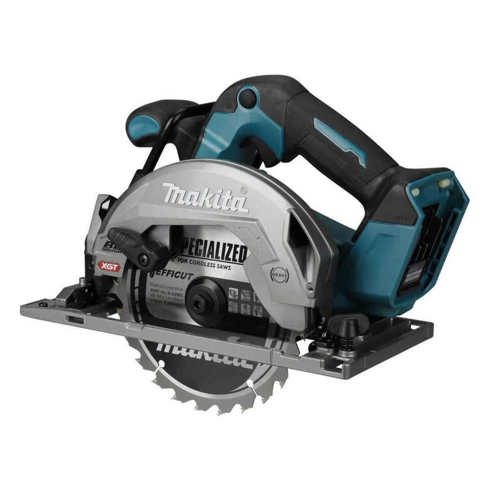 Makita circular saw with a silver and black blade guard, teal and black body, and a silver guide rail, shown on a white background.