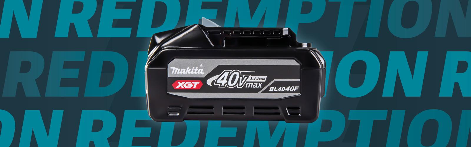 Makita battery pack with 'XGT 40V Max' text on a blue background with 'Redemption' text.